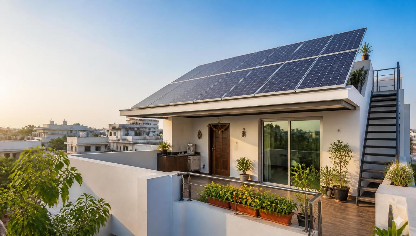 Rooftop solar panel installation on a modern Indian home at sunrise