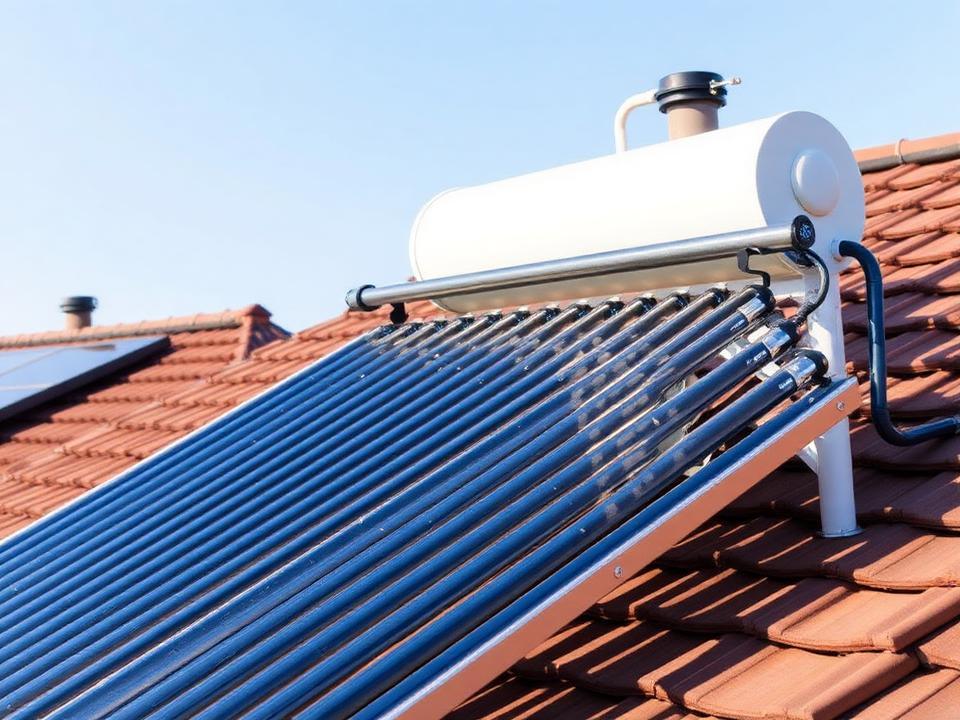 Solar water heater with evacuated tubes installed on a tiled rooftop